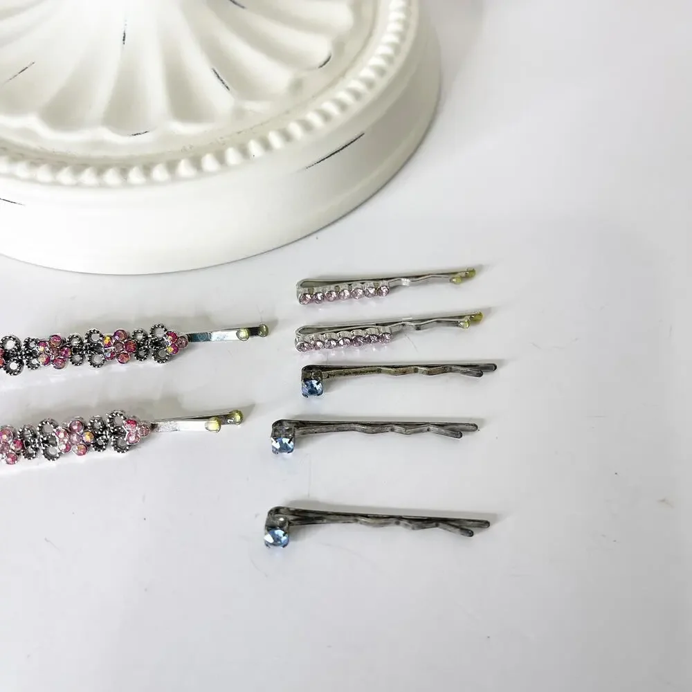 Lot‎ of 7 Vintage Y2K Rhinestone Silver Bobby Pins 90s Fashion Glam Sparkle
